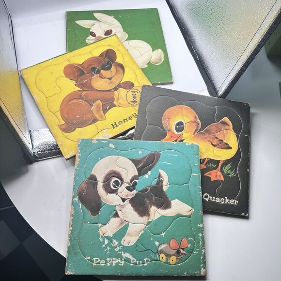 X4 Vintage Children Puzzles 1950 Kitsch Toys HTF Bear Duck Puppy Bunny - Picture 2 of 13